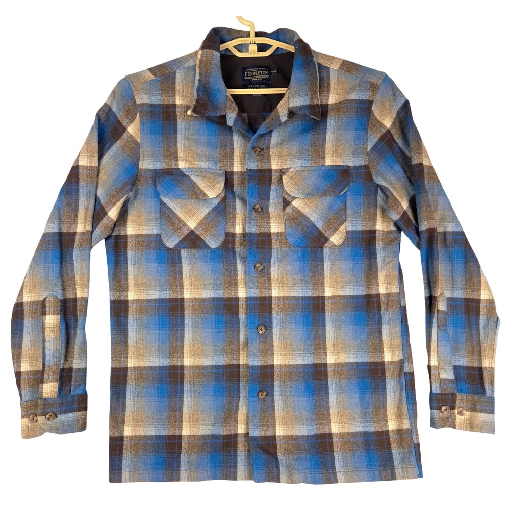 Pendleton Original Board Shirt Blue Brown Plaid Wool Flannel Large Loop Collar